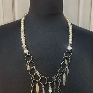 Handcrafted Natural Pearls, Silver Feathers & Murano Glass Charms Necklace -